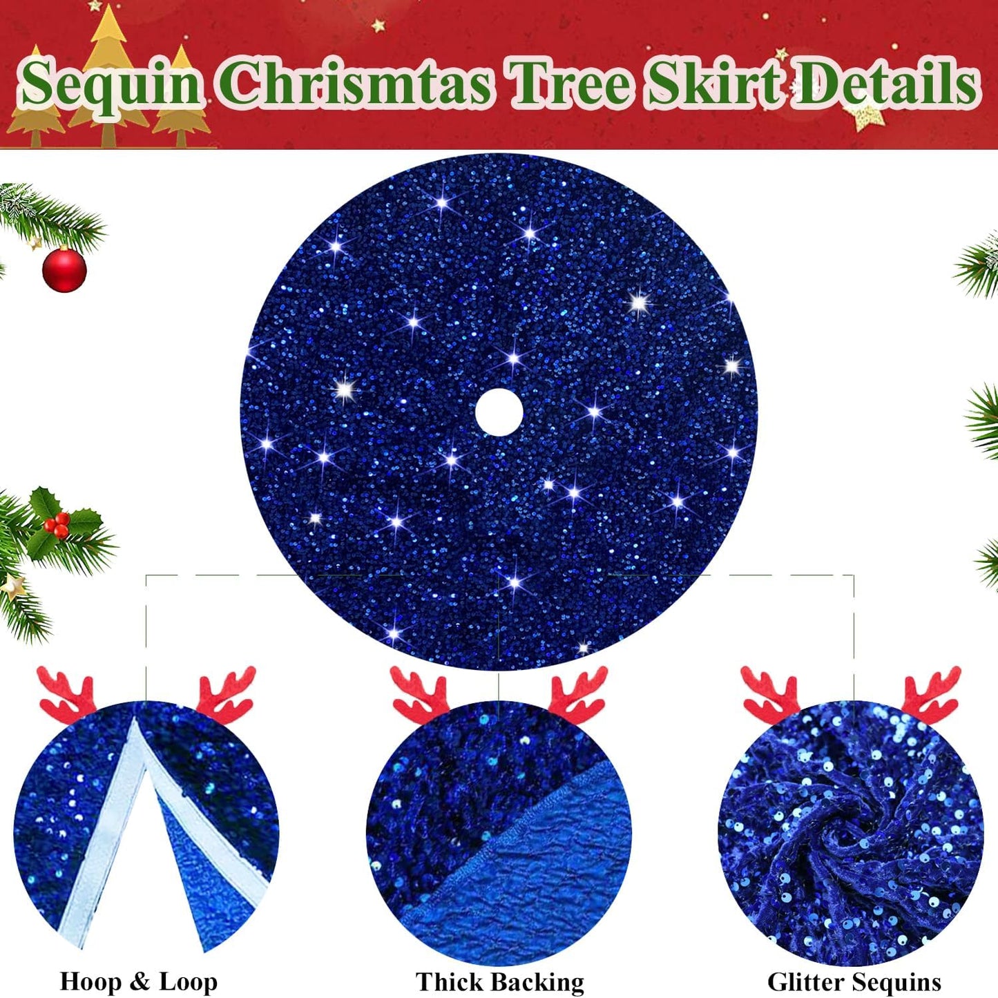 MODFUNS Blue Christmas Tree Skirt 46 Inches Sequin Xmas Tree Skirt Sparkly Tree Mat Round Velvet Tree Skirts Christmas Ornaments Halloween Tree Cover Skirt for Family Embroidery Metallic Tree Base Mat
