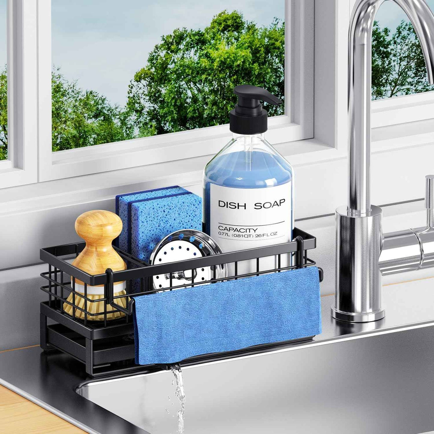 Kitchen Sink Sponge Holder, Rustproof Non-Slip Self-Draining Metal Sink Caddy with Detachable Dish Cloth Holder (Black)