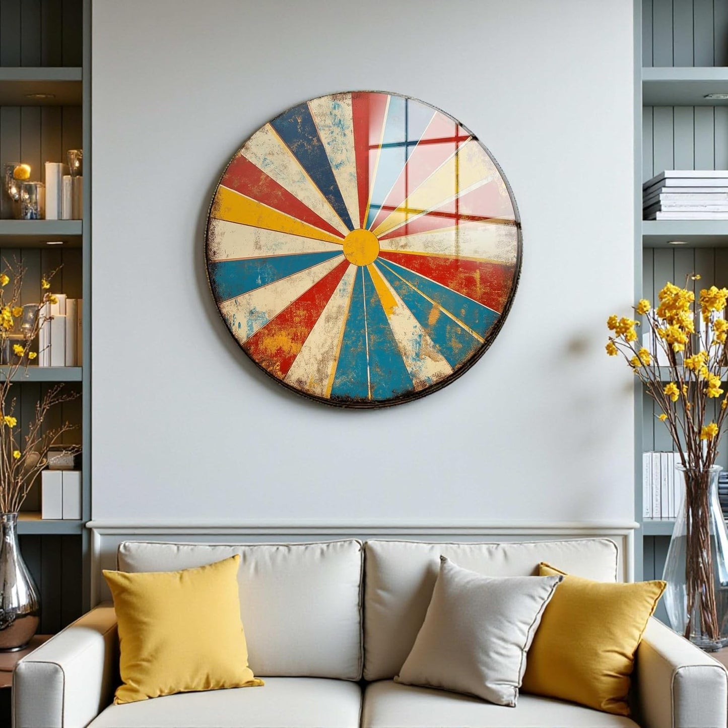 Venodeco Modern Round Tempered Glass Wall Art - Large UV Digital Printed Glass Decor - Resistant Decorative Wall Hanging for Living Room, Bedroom Office Art