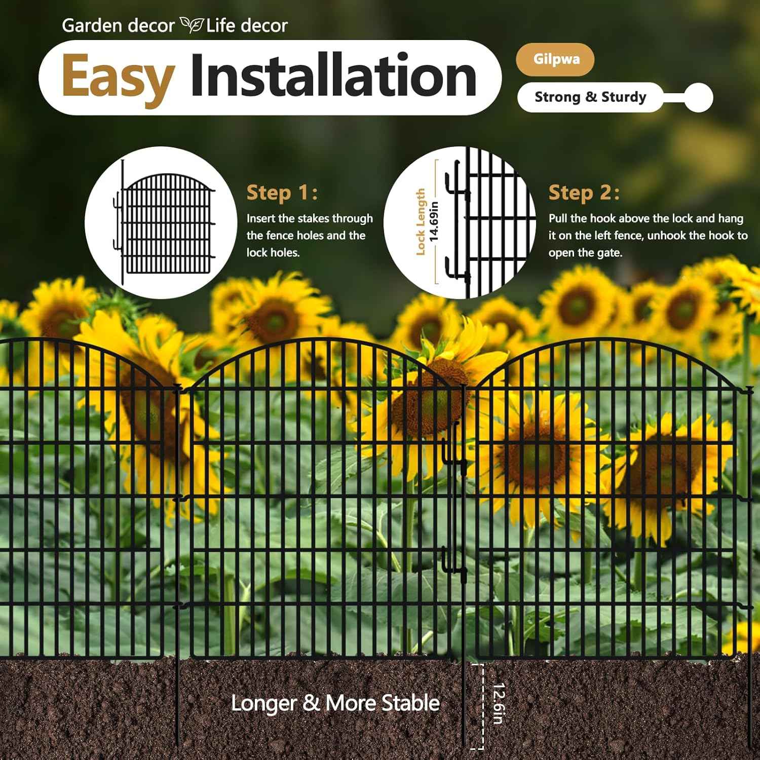 10 Panels Garden Fence Animal Barrier with Lock, 33in (H) x 24ft (L) Dog Fences Outdoor for Yard No Dig Rustproof Decorative Tall Metal Panel Border Rabbits Temporary Ground Stakes Fencing