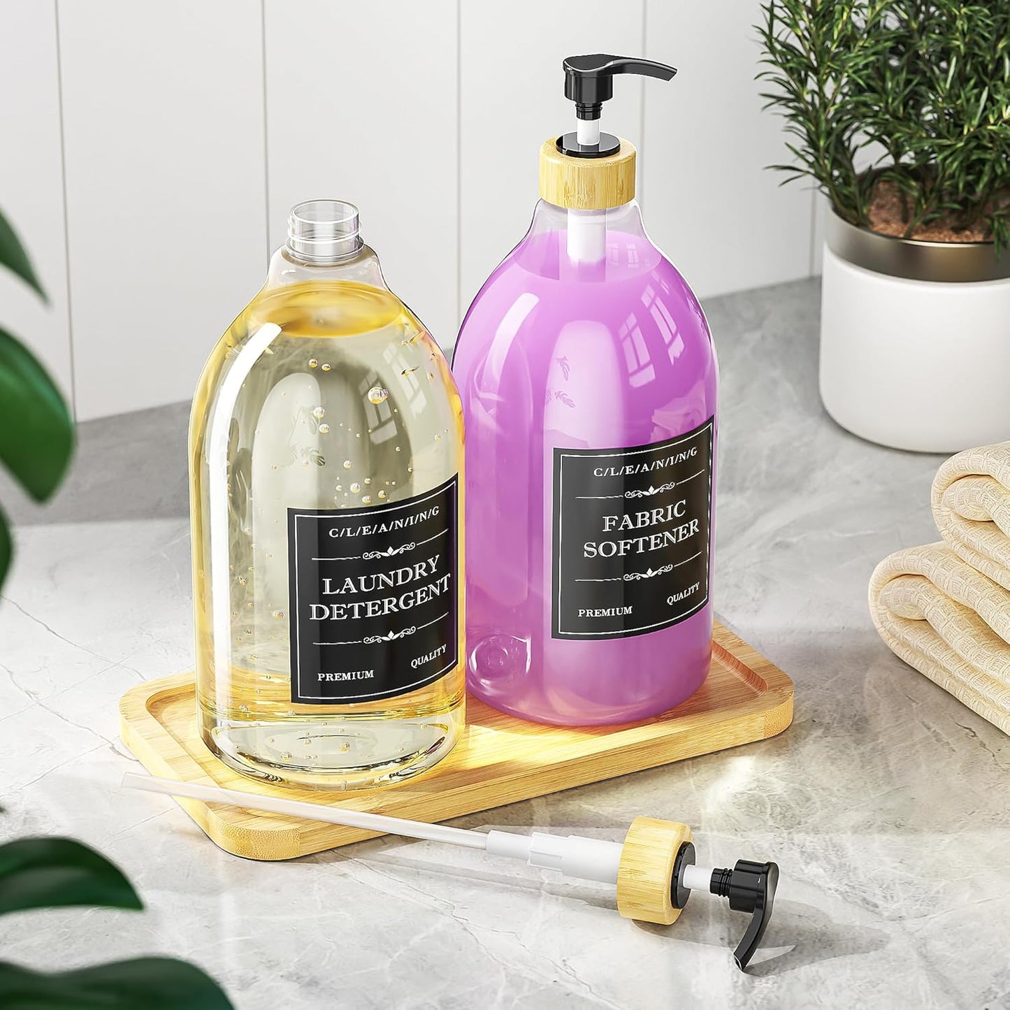 Moforoco Liquid Laundry Detergent Dispenser with Bamboo Tray, 2 Pack 64 Oz Plastic Laundry Soap Dispenser, Fabric Softener Dispenser with Pump and Labels for Laundry Room Decor and Organization