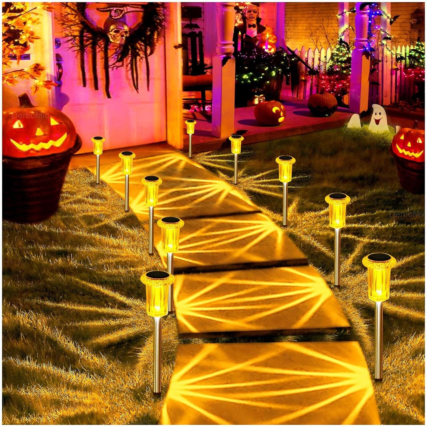 DenicMic Halloween Solar Lights Outdoor 10 Pack Orange LED Waterproof Yard Garden Patio Backyard Pathway Walkway Landscape Lawn Outside Fall Decorations Outdoor