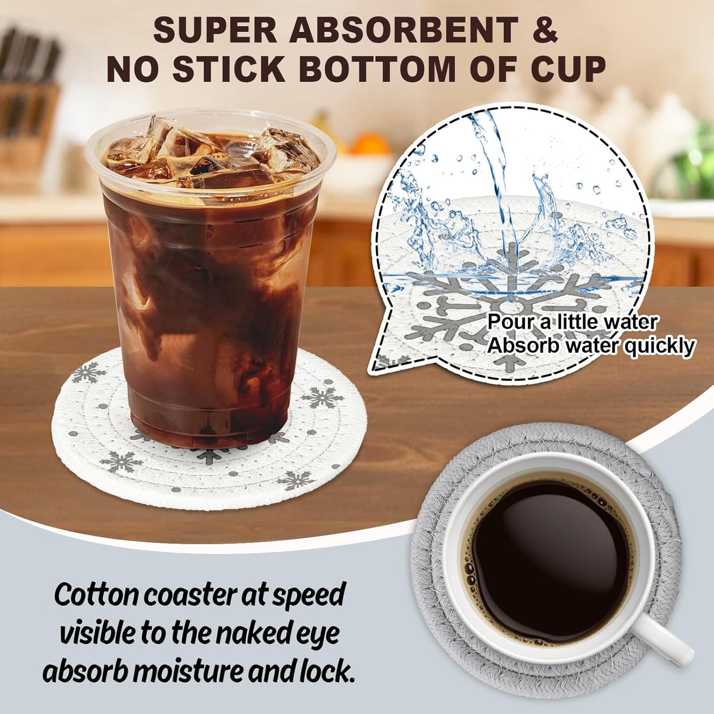 Whaline Winter Snowflake Handmade Braided Cotton Coasters Christmas Grey Snowflake Drink Coasters Absorbent Cup Coasters for Xmas Party Home Office Decor, Set of 4