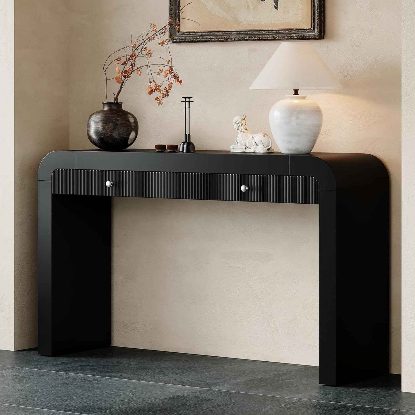 Farmhouse Modern Curved Console Table 54.3-Inch Sofa Entry Table Fluted Accent Tables with Storage Drawers for Living Room Entryway Hallway Furniture, Black