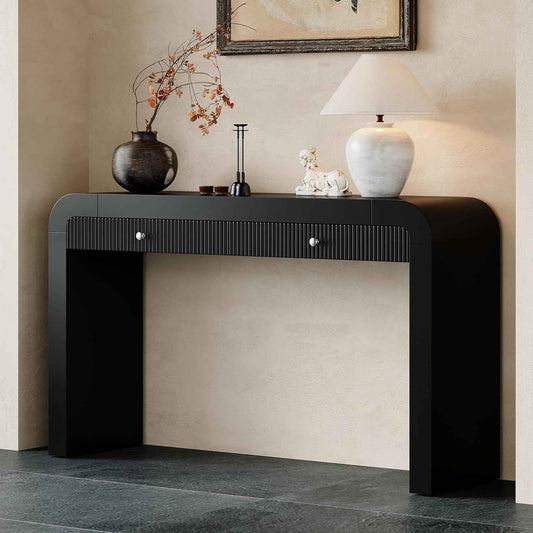 Farmhouse Modern Curved Console Table 54.3-Inch Sofa Entry Table Fluted Accent Tables with Storage Drawers for Living Room Entryway Hallway Furniture, Black