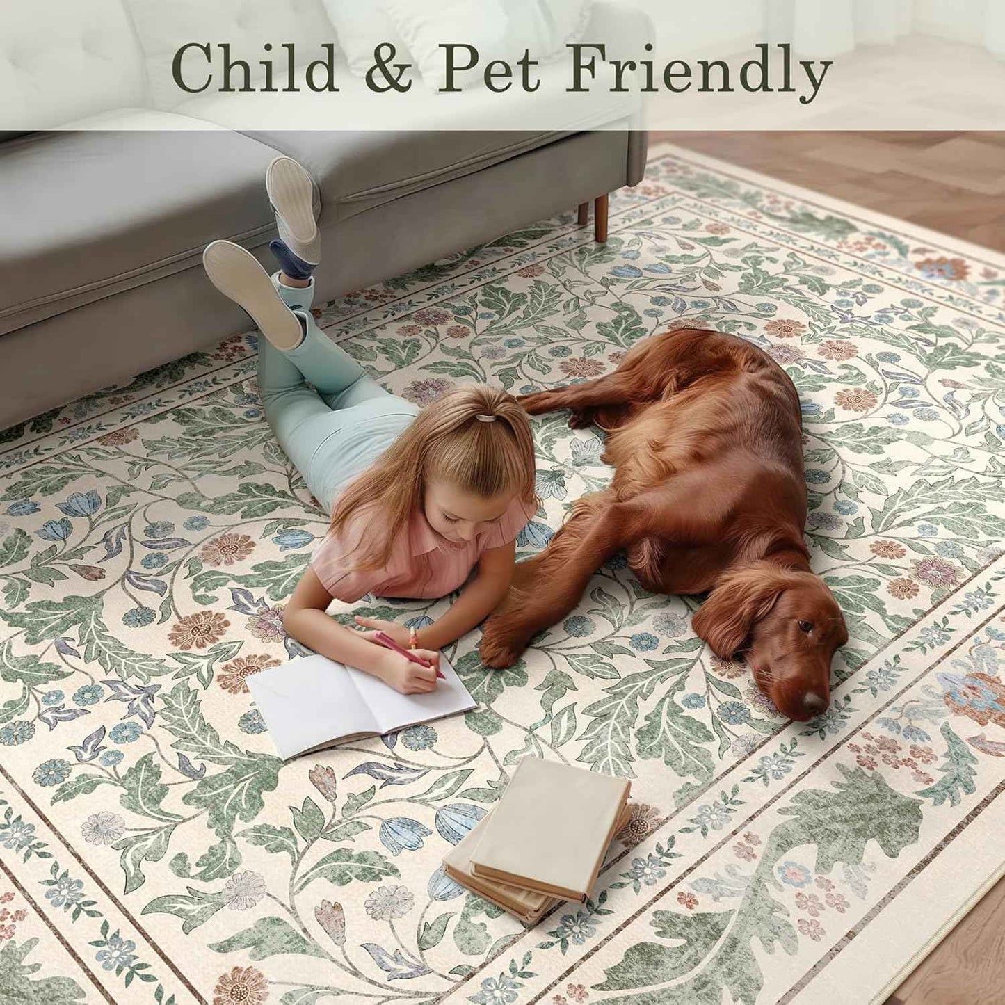 Floral 5x7 Area Rugs for Living Room, Machine Washable Vintage Rug Boho Low Pile Carpets Non Slip Soft Carpet for Farmhouse Bedroom Office Rugs, Kids Room, Nursery Room, Playroom, Beige