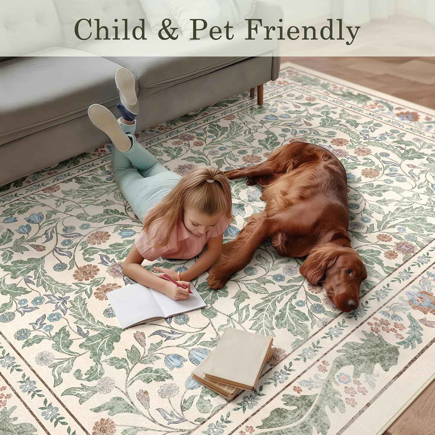 Floral 5x7 Area Rugs for Living Room, Machine Washable Vintage Rug Boho Low Pile Carpets Non Slip Soft Carpet for Farmhouse Bedroom Office Rugs, Kids Room, Nursery Room, Playroom, Beige