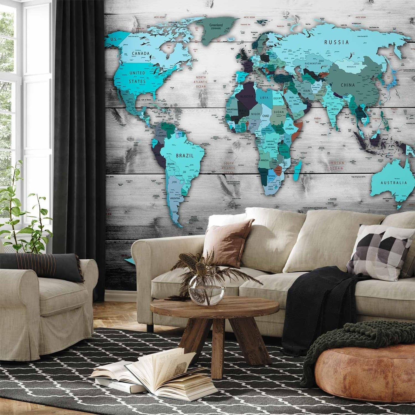 artgeist Premium Wall Mural World Map 118x83 in - XXL Non-Woven Wallpaper Fleece Wall Decor Photo Print Picture Image Design Home Map of The World k-B-0009-a-d