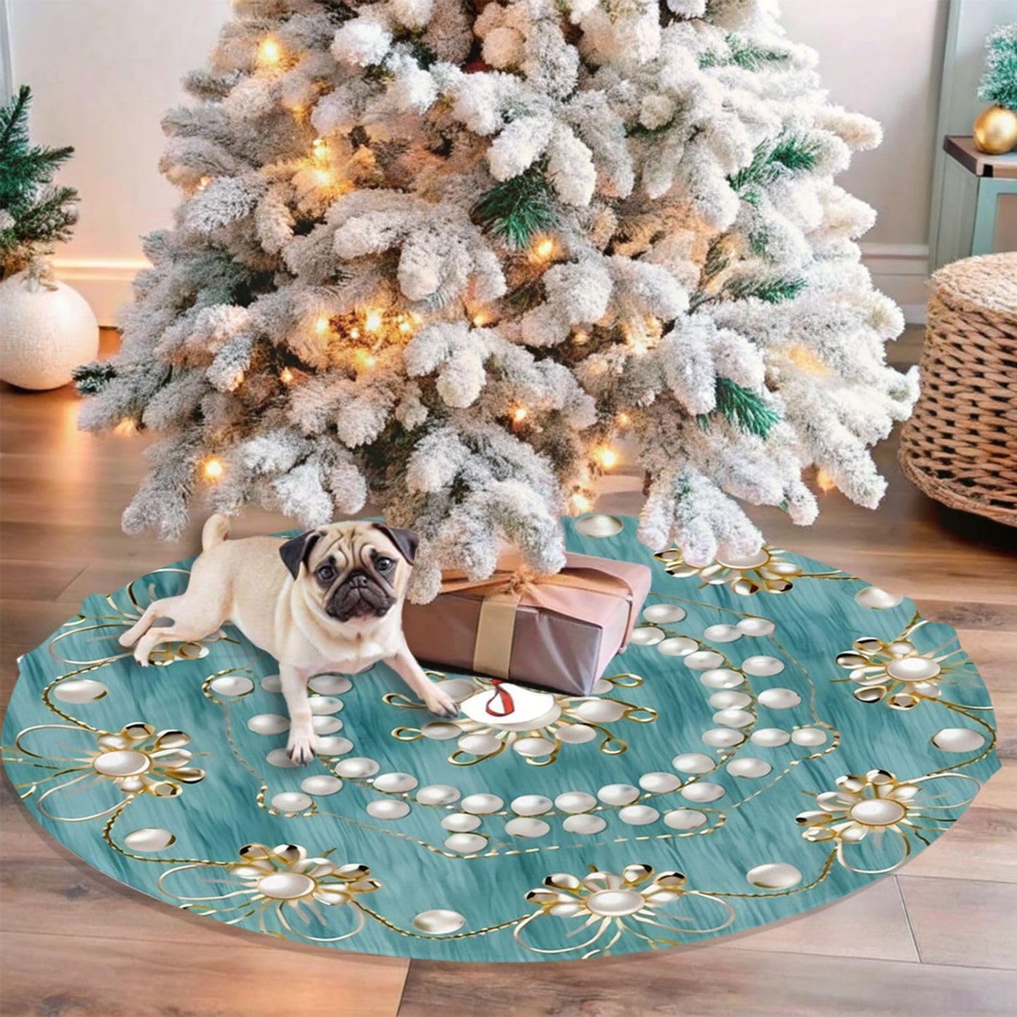 48" Large Christmas Tree Skirt, Elegant Circular Round Shape Turquoise Pattern Tree Mat Base Cover for Xmas Festive Holiday Party Decoration Ornaments
