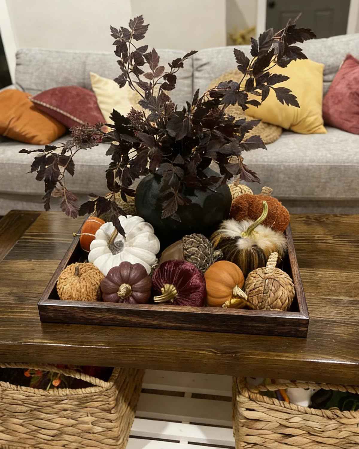 Gurfuy Square Wood Ottoman Serving Tray 24" - Rustic Wooden Table Tray for Farmhouse Decorative Oversized Coffee Table Trays Living Room Kitchen Counter Breakfast Brown