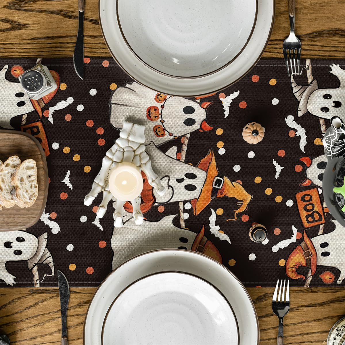 Artoid Mode Ghost Jack-O'-Lantern Black Cat Halloween Table Runner,Holiday Kitchen Dining Table Decoration for Home Party Decor 13 x 120 Inch