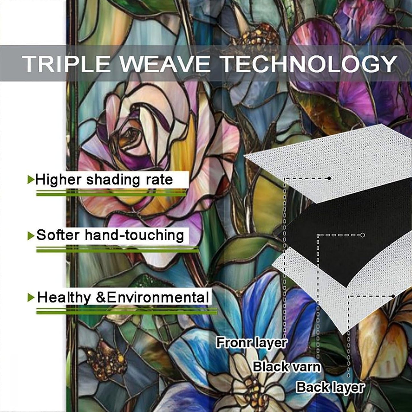 Stained Glass Curtains,Retro Colored Glass Flowers Art Home Decor Drapes for Bedroom Living Room Kitchen Window Treatment 2 Panels Set Total Size 55" W X 63" L Inch