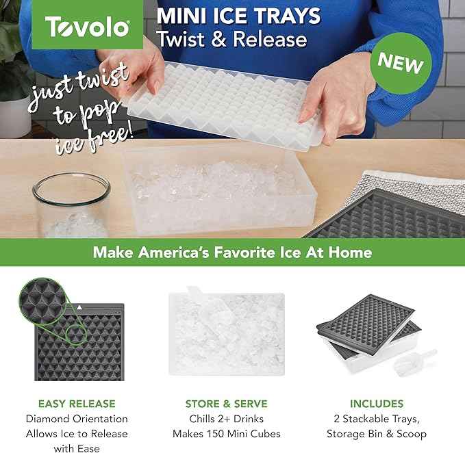 Tovolo Mini Ice Cube Tray Set with Twist and Release Mini Nugget Ice Cube Trays, BPA Free Silicone Mini Ice Tray with Storage Bin and Mini Scoop, Stackable Dishwasher Safe Mini Ice Cube Trays