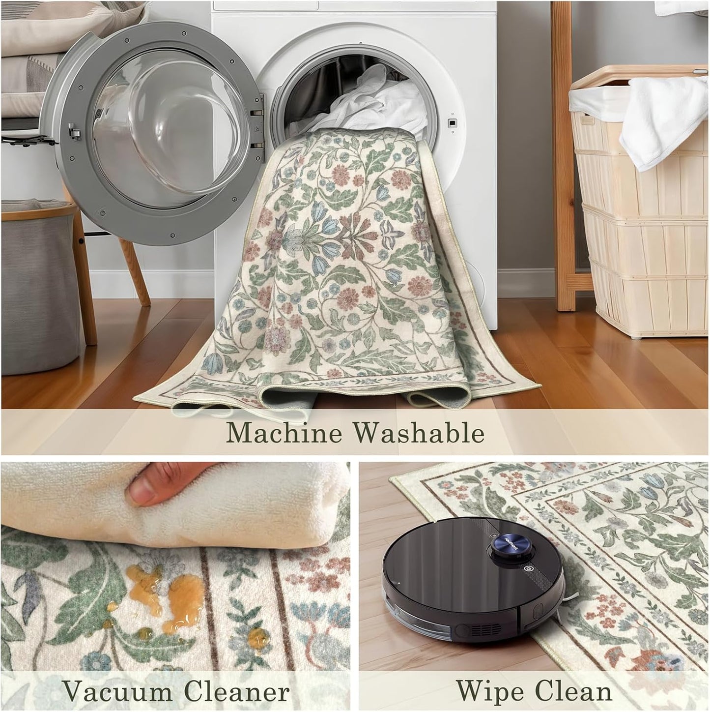 Floral 5x7 Area Rugs for Living Room, Machine Washable Vintage Rug Boho Low Pile Carpets Non Slip Soft Carpet for Farmhouse Bedroom Office Rugs, Kids Room, Nursery Room, Playroom, Beige
