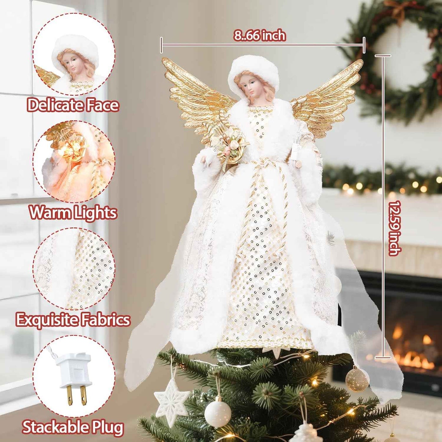 Angel Christmas Tree Topper with Lights, 12 Inch Lighted Angel Xmas Tree Toppers Decoration, Luxury White Fabric Angel Figurine Ornament for Christmas Tree Holiday Party Indoor Decor