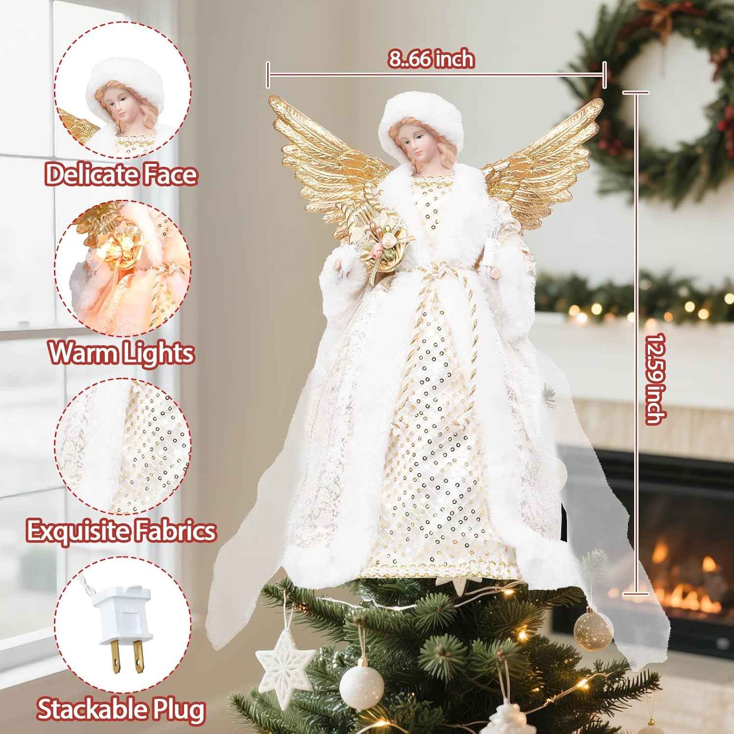 Angel Christmas Tree Topper with Lights, 12 Inch Lighted Angel Xmas Tree Toppers Decoration, Luxury White Fabric Angel Figurine Ornament for Christmas Tree Holiday Party Indoor Decor