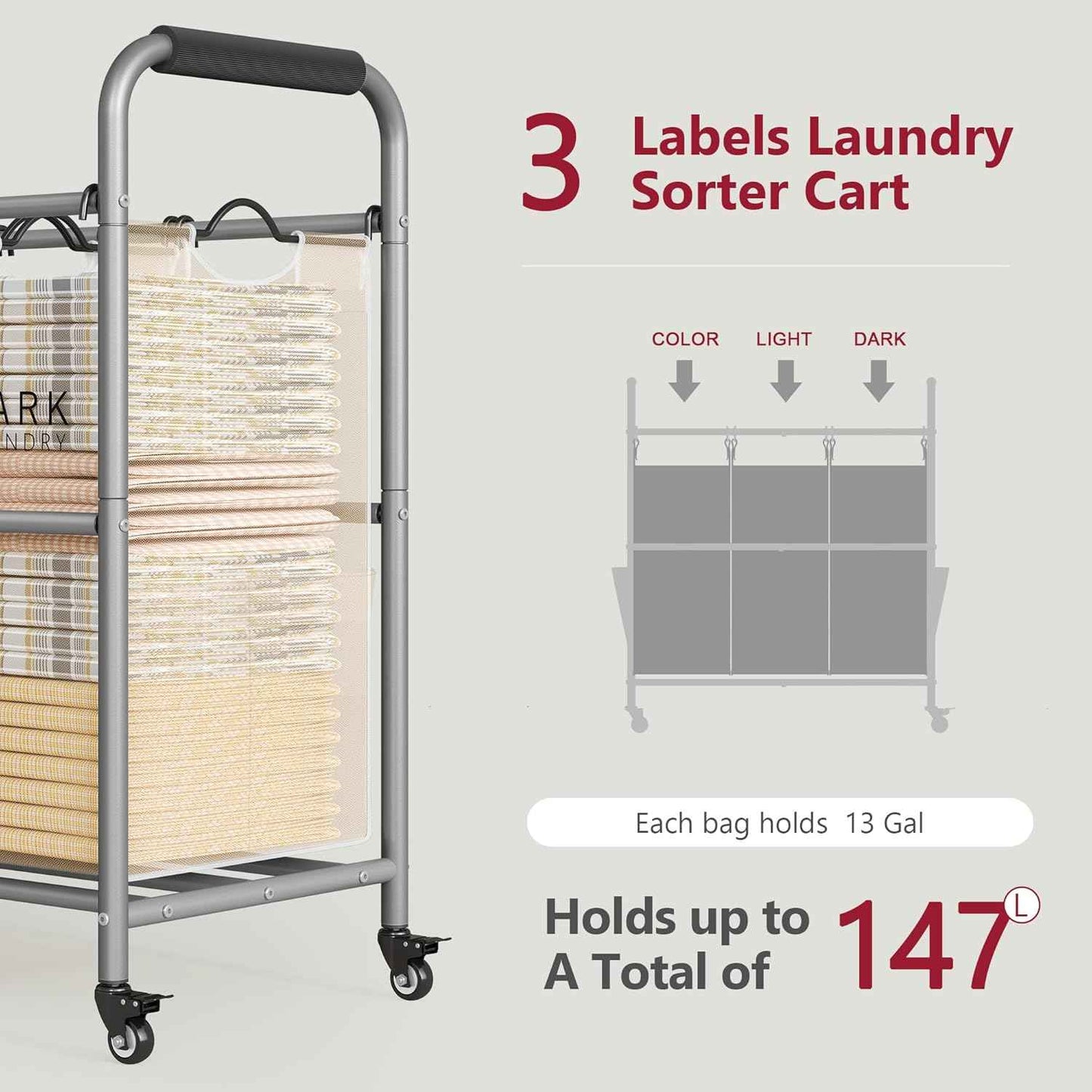 Tajsoon 3 Bag Laundry Sorter Cart, Laundry Hamper Sorter Basket with Heavy Duty Lockable Rolling Wheels for Clothes Storage, Beige