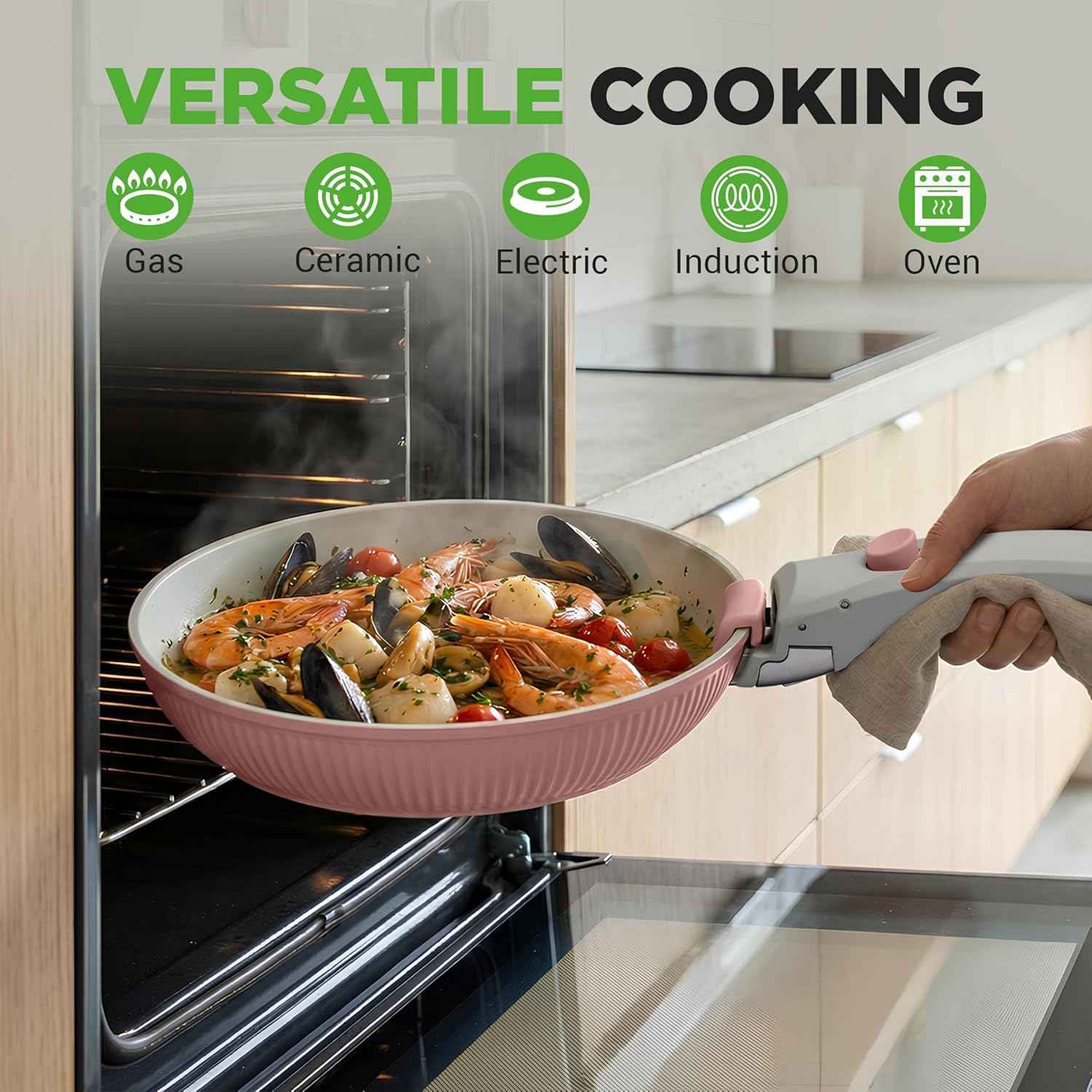NutriChef 18-Piece Ceramic Cookware Set with Detachable Handles, Space-Saving Nonstick Pots, Pans & Lids, Oven-Safe Bowls, Stackable Storage, Includes Cooking Utensils & Accessories (Pink)