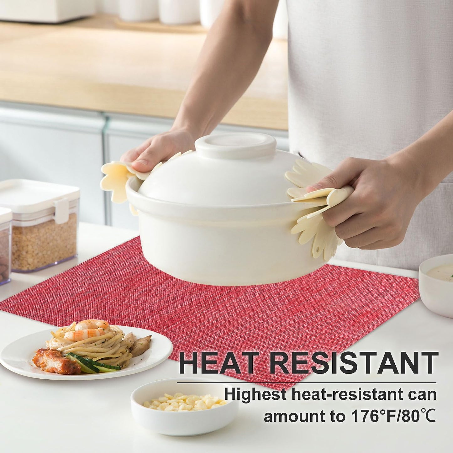 Vinyl Placemats Set of 4, PVC Woven Washable Non-Slip Table Mats, Heat Resistant Wrinkle Free Place Mats for Dining Table, Easy to Clean (4, Red)