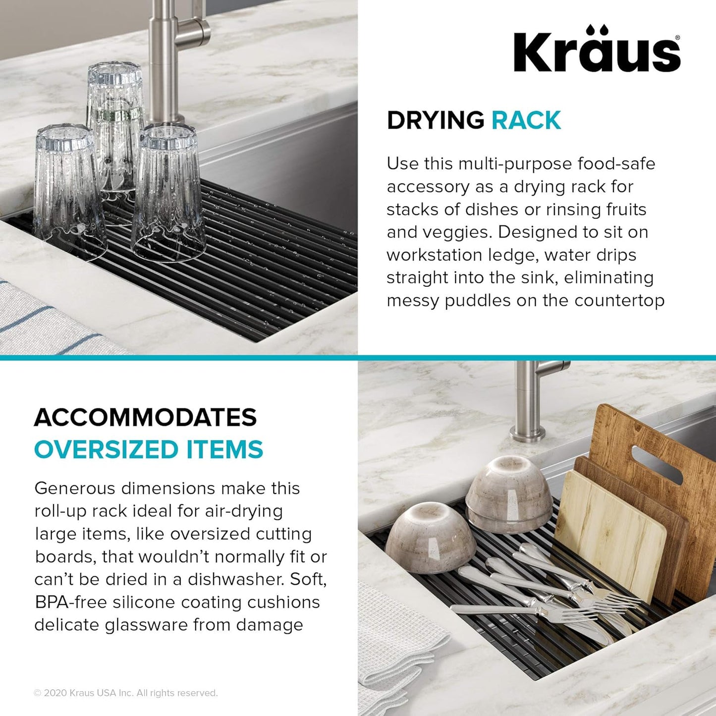Kraus Multipurpose Workstation Sink Roll-Up Dish Drying Rack, Colander and Trivet in Green, KRM-11GR