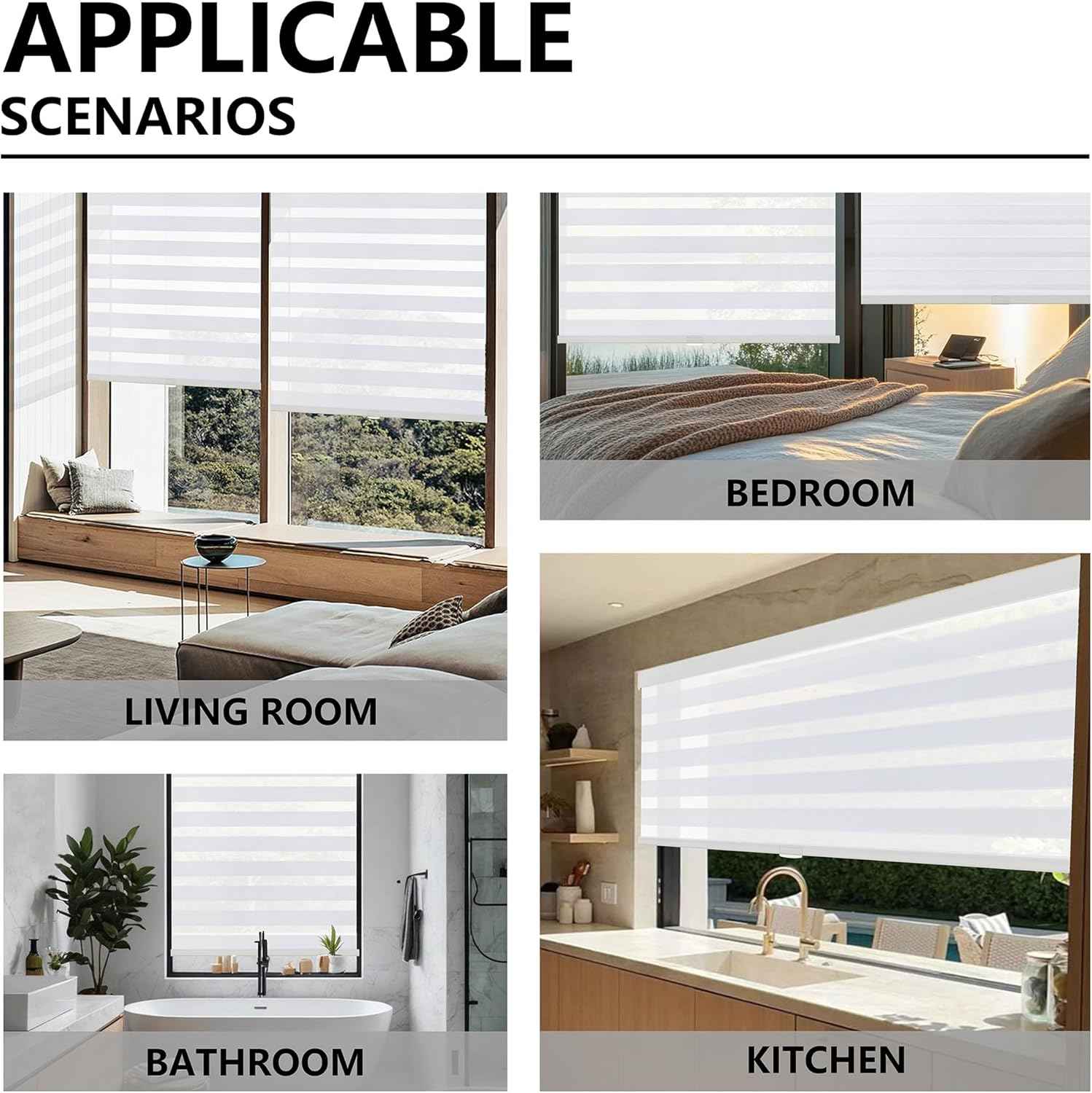 Cordless Zebra Blinds for Windows, Free-Stop Pull Down Roller Window Shades with Valance, Light Filtering Dual Layers Sheer Shades for Home and Office, White, 23" W x 72" H