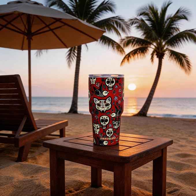 Jormungand 30 oz Tumbler with Handle and Straw Stainless Steel Vacuum Insulated Water Bottle Cup Holder Friendly Coffee Mug with Leak Proof Lid Gift for Women&Men Red Sugar Skull