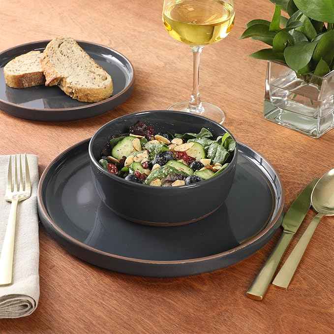 Gibson Elite Northrock Stoneware Dinnerware Set, 12-Piece Service for 4 Plates and Bowls Set – Charcoal Blue Dishes with Hand-Painted Terracotta Base