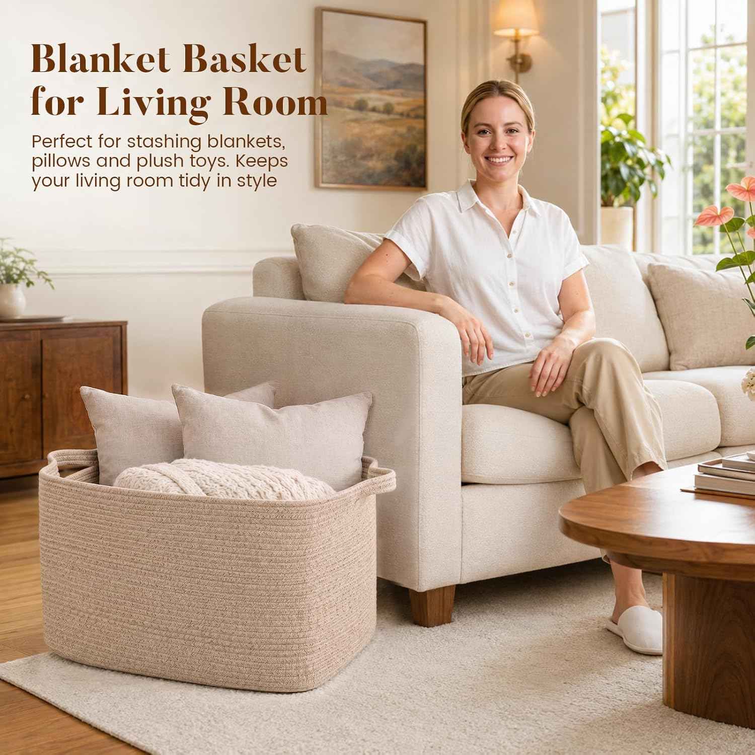 95L Cotton Rope Large Blanket Basket (24" x 16.9" x 14.2") for Living Room, Kids Room & Laundry, Storage Basket with Handle for Organizing Blankets, Pillows, Clothes & Toys, Brown