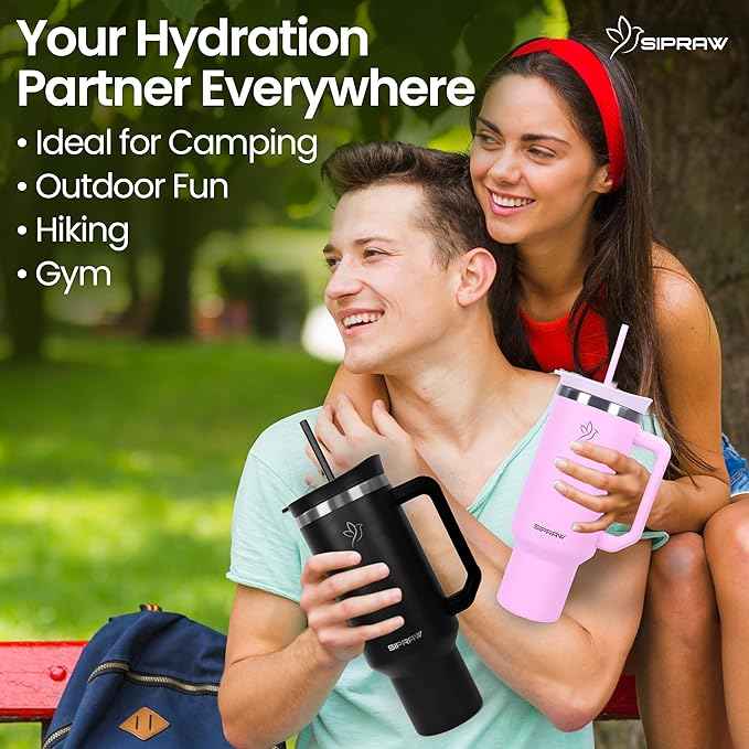 40oz Tumbler with Handle and Straw Insulated Stainless Steel Travel Mug Vacuum Double Wall Coffee Cup Leak Resistant Lid BPA-Free Cup Holder Friendly for Hot & Cold Drinks, Black