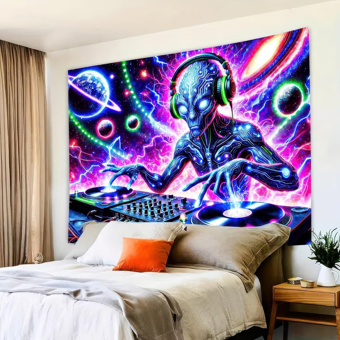 BlissYard Blacklight Cool Alien Tapestry UV Reactive Tapestry 78x59 Inch Black Light Galaxy Planet Tapestry Glowing Tapestry Large Neon Tapestry Wall Hanging for Home Living Room Bedroom Decor