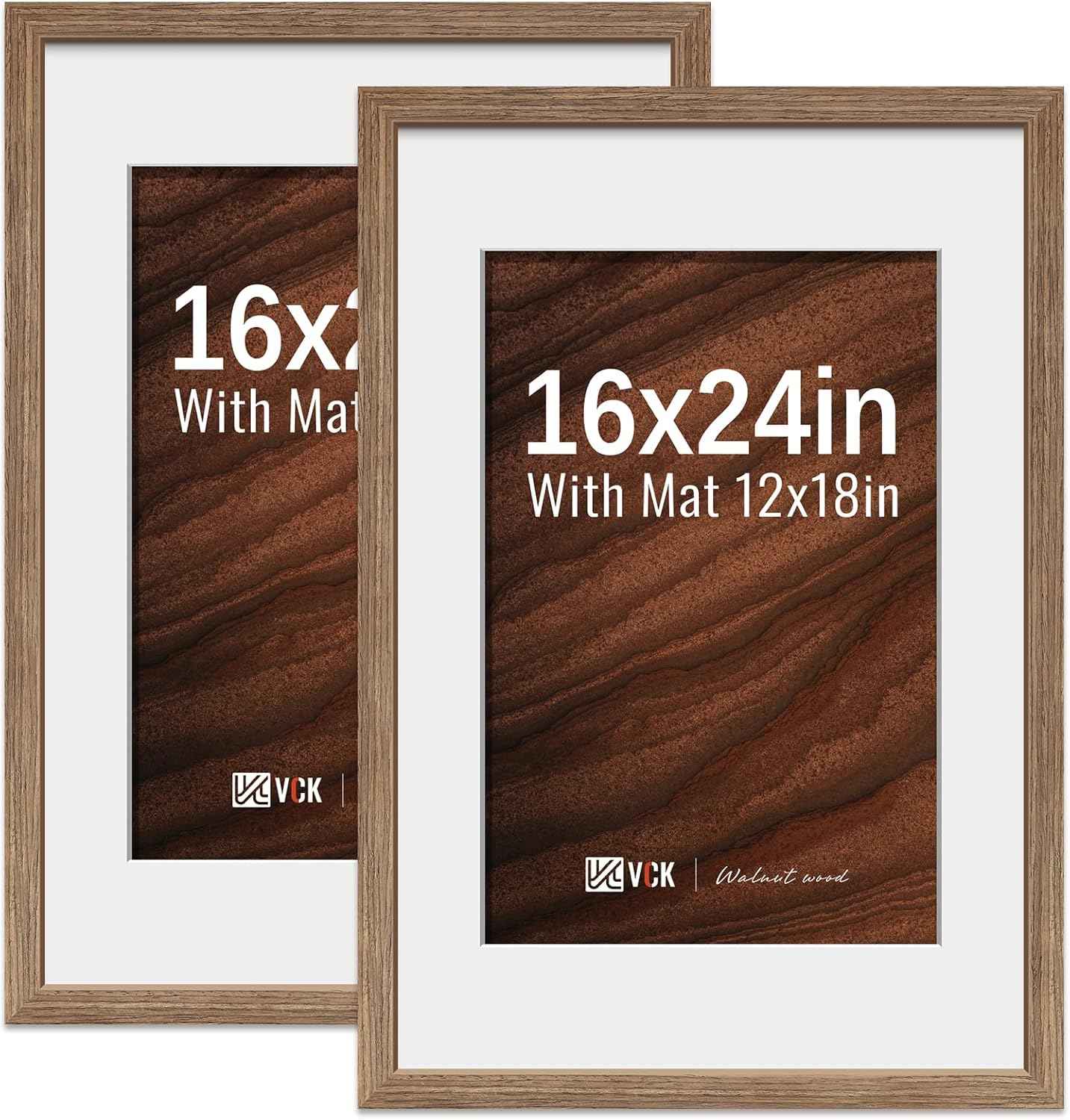VCK 16x24 Poster Frame 2 Pack - Walnut, High-End Wood Picture Frames with Polished Plexiglass, Display 12x18 Photo with Mat or 16x24 without Mat, Art Gallery-Quality, Wall Hanging
