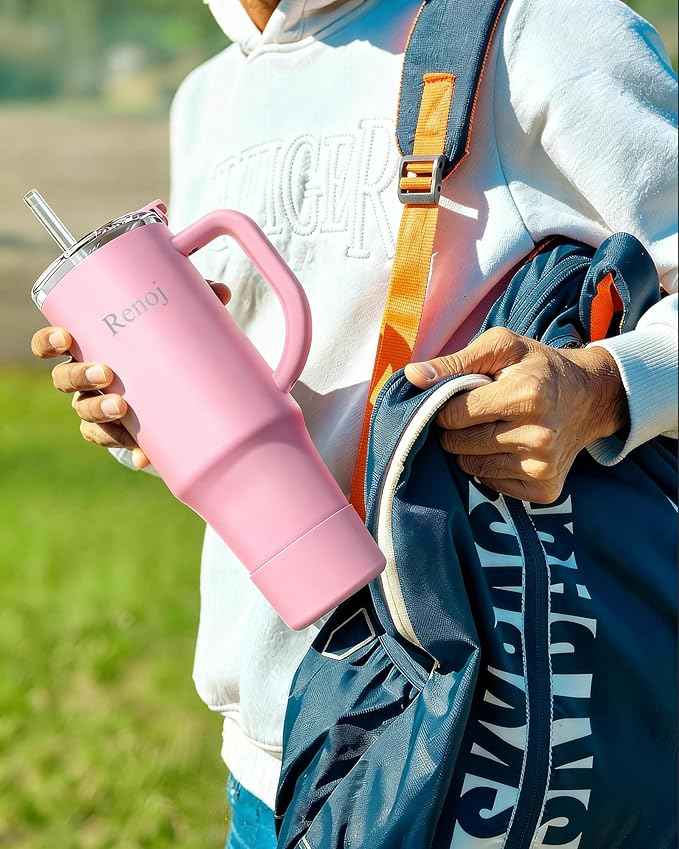 Renoj Insulated Mug 100% Leak Proof Insulated Water Bottle for Iced Coffee & Hot Drinks - Fits Car Cup Holder, Ideal Gift, 2 Straws & Silicone Boot - SnapShift Pink 32 oz