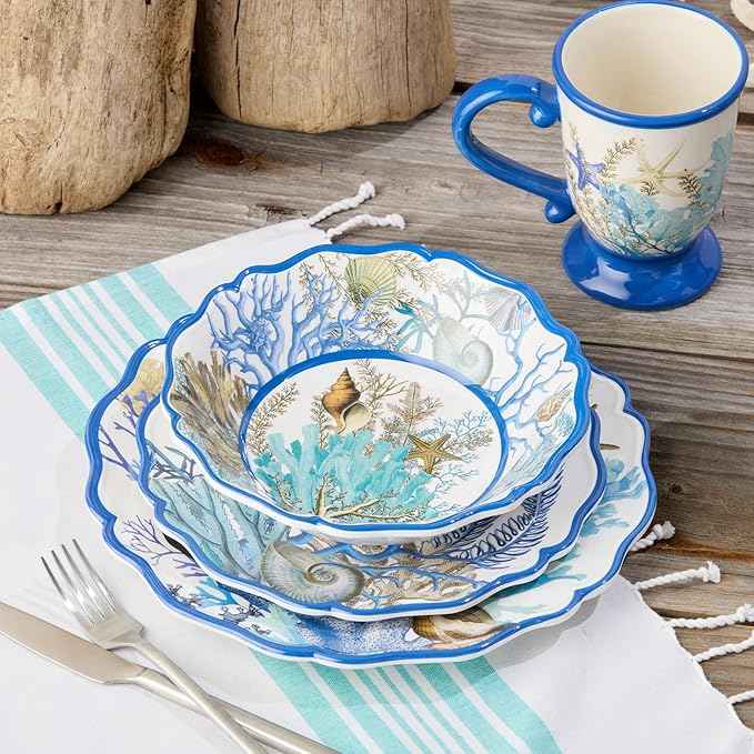 Blue Lagoon Melamine 12-Piece Dinnerware Set – Coastal Coral and Shell Design, Service for 4 – 11" Dinner Plates, 9" Salad Plates, and 28oz Bowls – Durable, Lightweight, BPA-Free, Dishwasher SafE