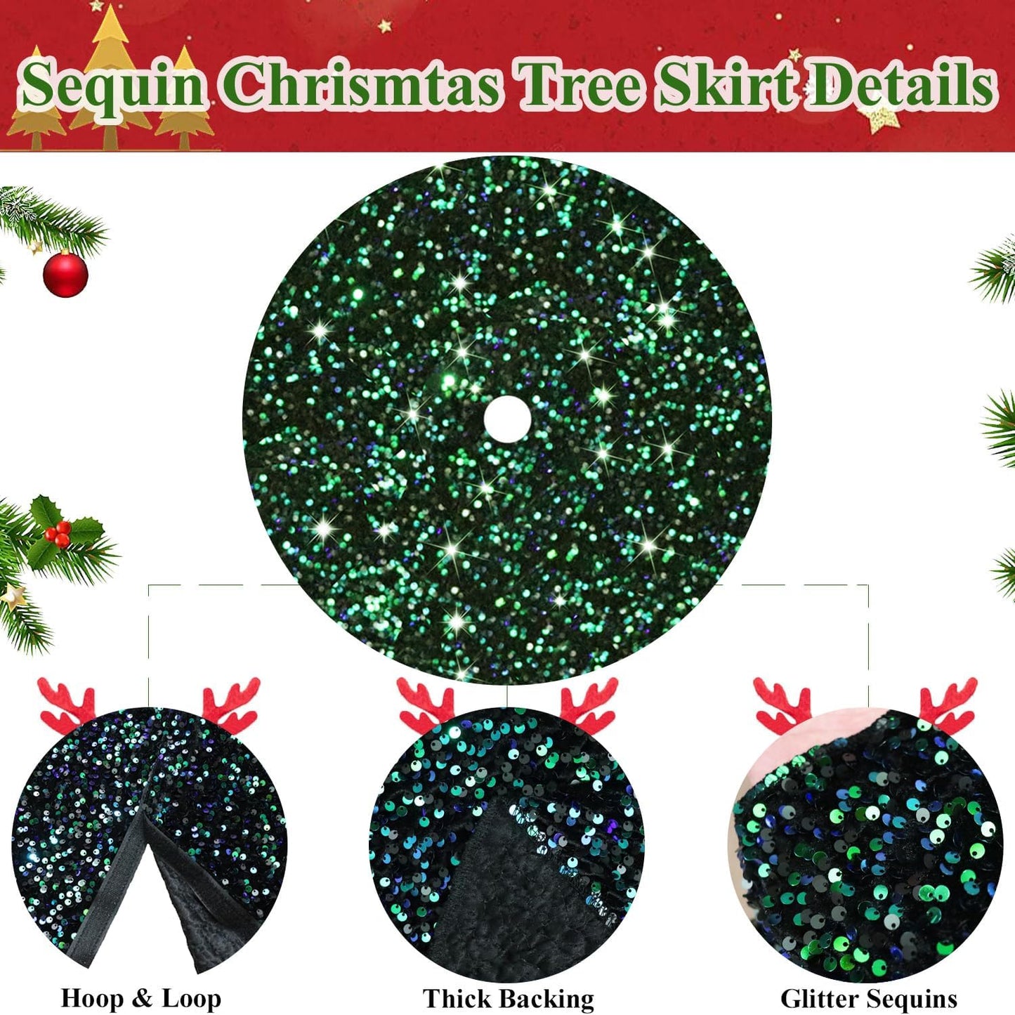 MODFUNS Green Christmas Tree Skirt Black Sparkly Tree Skirt 36 Inch Sequin Velvet Tree Skirts for Artificial Trees Glitter Xmas Tree Skirts Vintage Xmas Tree Collar for Christmas Home Supplies