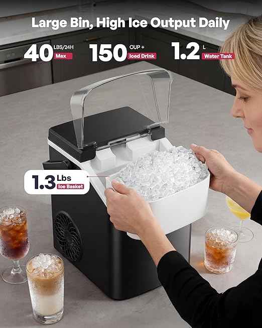 ICYGLEE Nugget Ice Maker Countertop with Handle, Ready in 4 Mins, Max 40lbs/24H, Chewable Ice, Self-Cleaning, Portable Sonic Ice Maker with Basket and Scoop, for Home/Party/RV/Camping (Black)