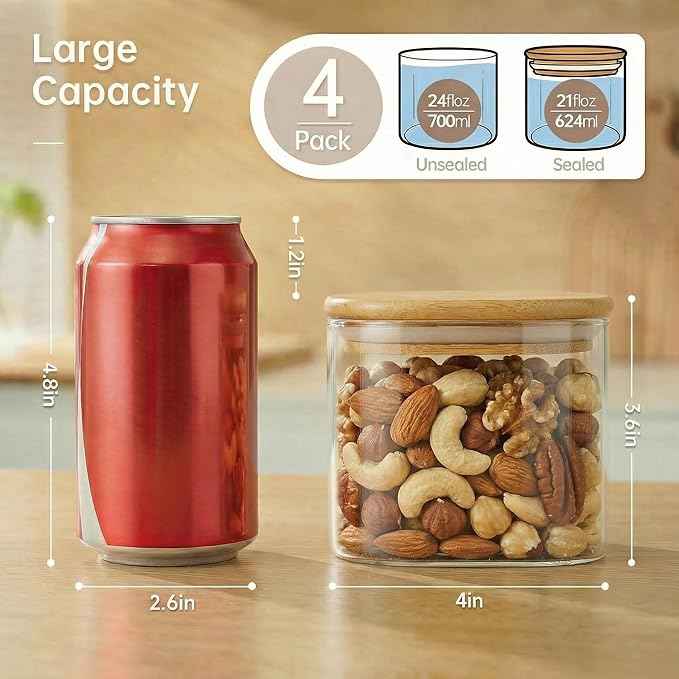 21oz - 4 Pack Square Glass Jars with Bamboo Lids, Glass Food Storage Containers with Airtight Lids, Air Tight Pantry Storage Containers for Coffee, Sugar, Spice, Meal Prep Jars for Salad & Fruit