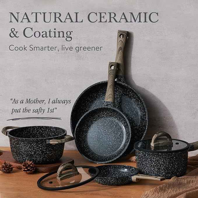 Pots and Pans Set Non Stick Non-Toxic 22 Pcs Ceramic Cookware Sets Nonstick Kitchen Pot&Pan With Lid Black Granite Induction Compatible with Glass Lids Crepe Frying Pan PFOA/PFOS-Free
