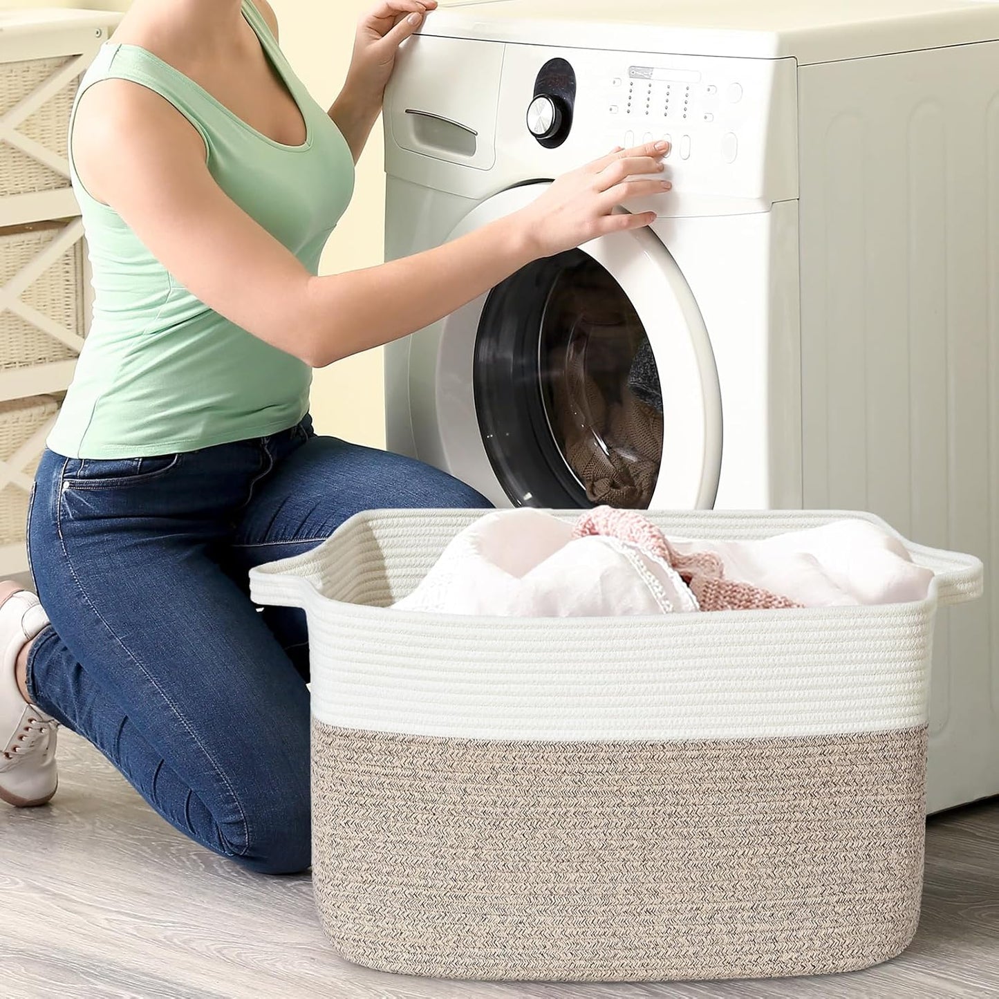 Large Blanket Basket, 60L Storage Baskets for Organizing, Woven Laundry Basket for Blankets, Cotton rope Blanket Storage for Living Room, Nursery Room, 19.7" L x 15.74" W x 11.8" H, Brown