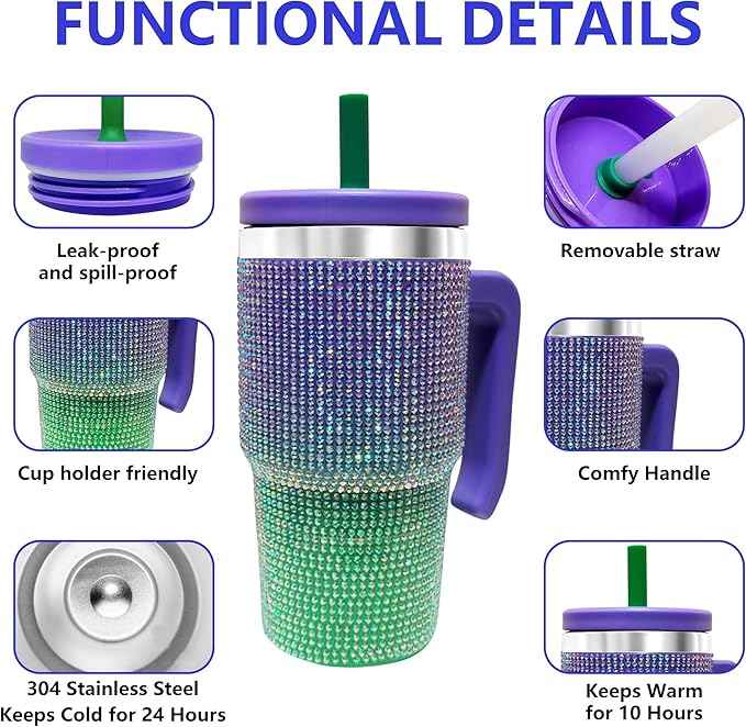 2PCS 20-OZ Insulated Water Bottle,Insulated Stainless Steel Tumbler,Reusable Cold Drink Thermos,BPA-Free, Double-Wall Stainless Steel Water Bottle (Purple Green Gradient-Diamonds, 20, Fluid Ounces)