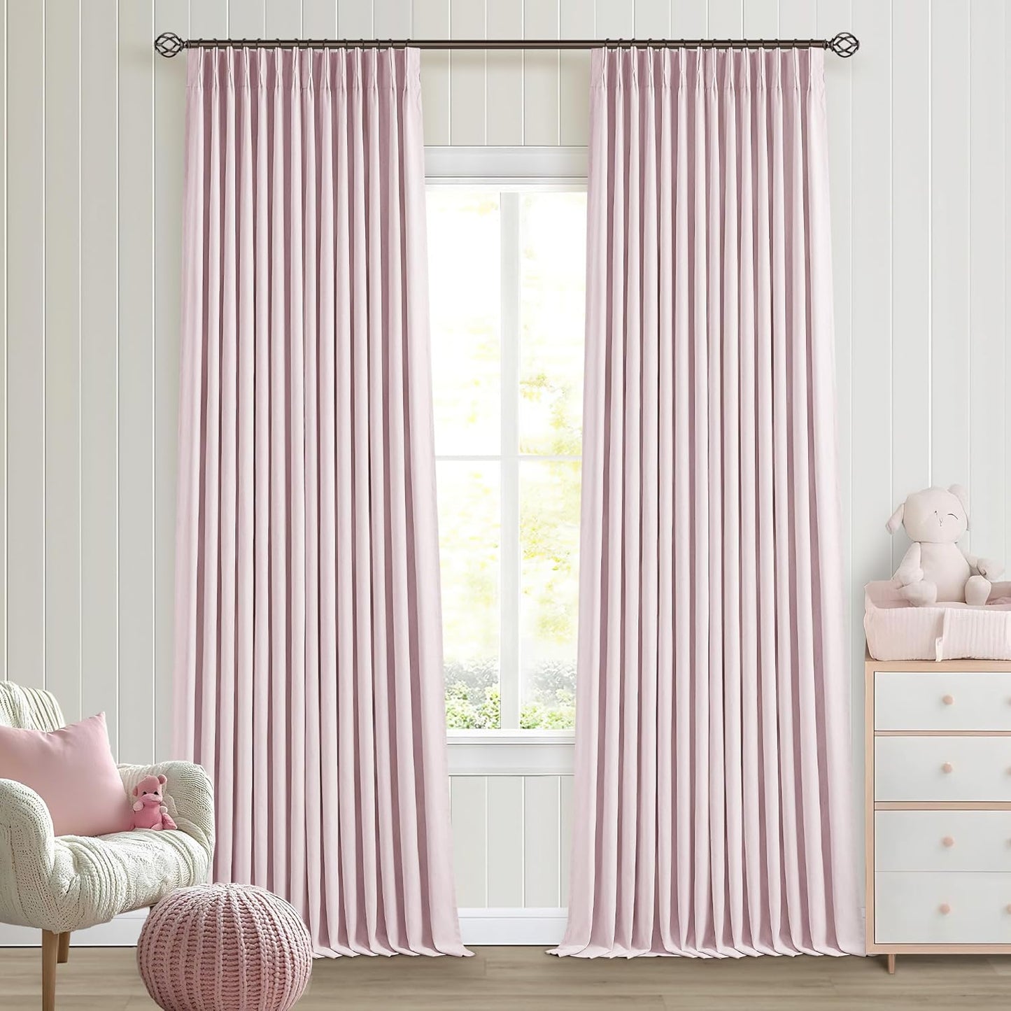 Pale Pink Linen Pinch Pleated Curtains 90 Inches Long Complete Blackout for Girls Bedroom Funky Cute Window Curtains Noise Heat Blocking Heavy Insulated Drapes Baby Pink Dusty Blush for Nursery