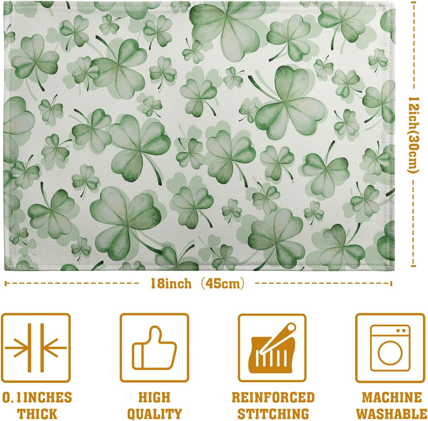 Shamrocks St. Patrick's Day Placemats Set of 4 Watercolor Lucky Clovers St Patrick's Day Table Mats Seasonal Spring Green Leaves Linen Place Mats for Party Kitchen Dining Outdoor Indoor Decor