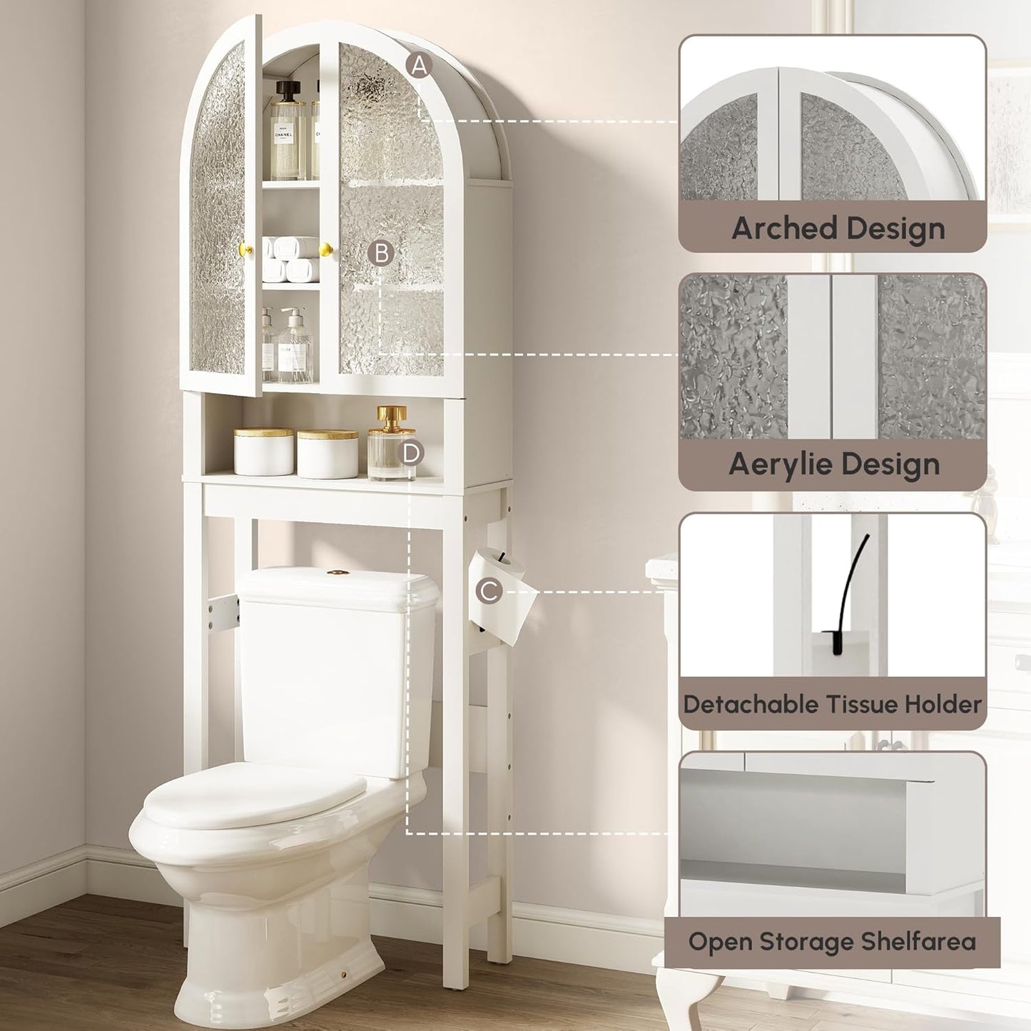 HMstone Over The Toilet Storage Cabinet, Arched Bathroom Organizer and Storage with Acrylic Doors and Adjustable Shelf, Space-Saving Freestanding Bathroom Modern Storage Cabinet Over Toilet