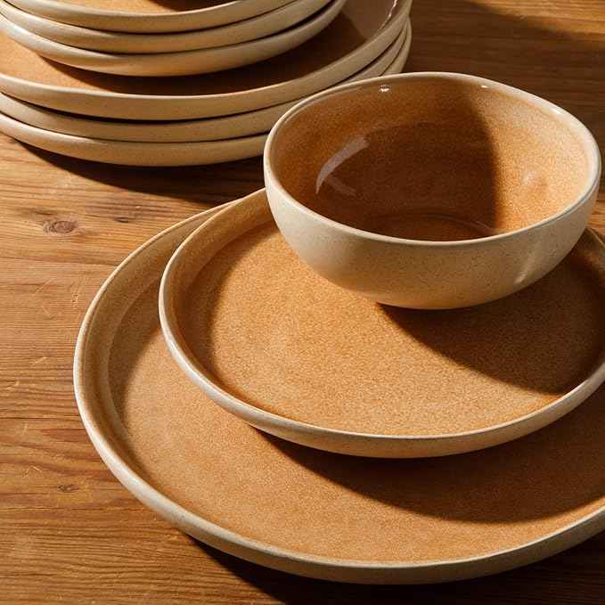 Gibson Elite Manila Bay 12-Piece Stoneware Dinnerware Set, Service for 4, Reactive Glaze Modern Artisan Plates, Bowls & Mugs, Orange, Round Design