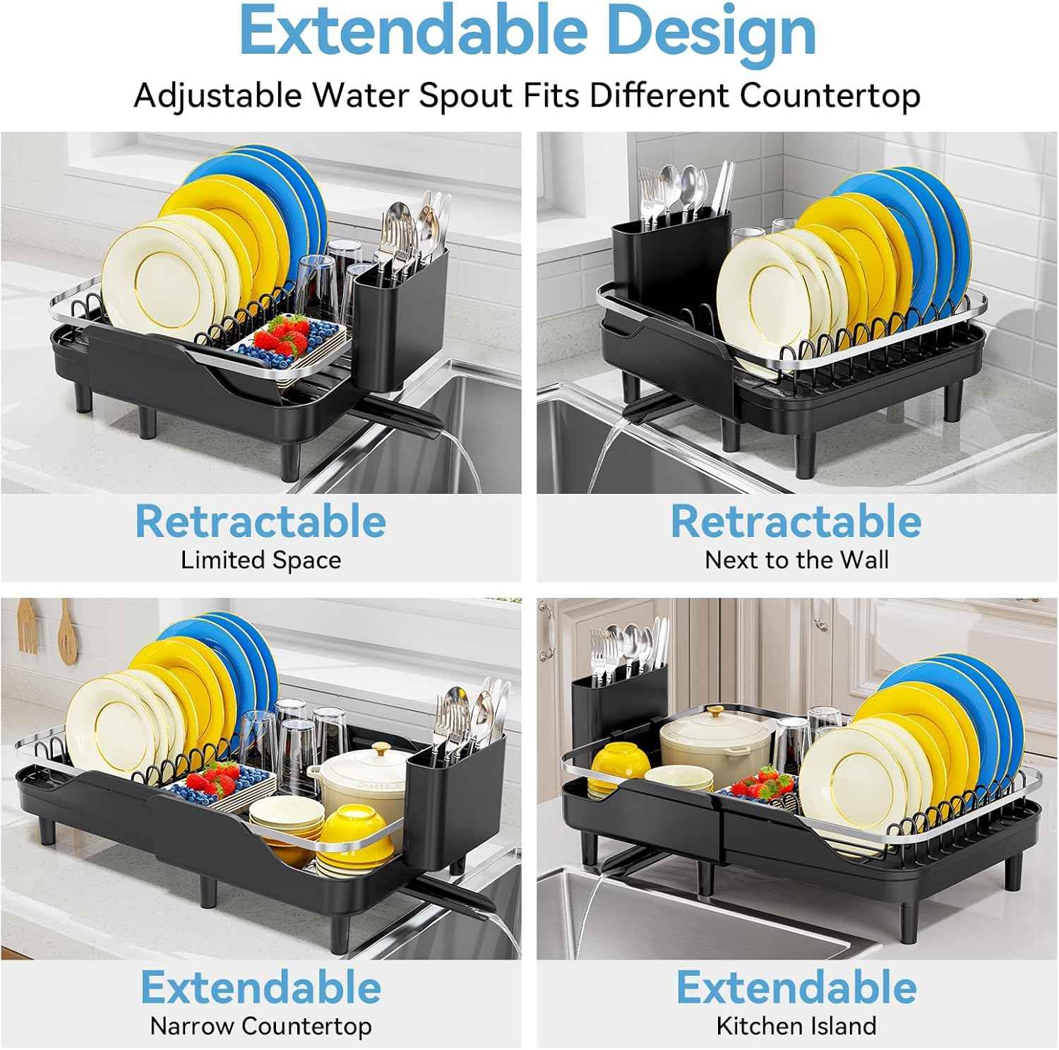 Urackify Expandable Dish Rack for Kitchen Counter,16.14"-23.62" Large Stainless Steel Dish Drying Rack with Adjustable Water Spout, Space Saving Dish Drainer with Auto Draining Cutlery Holder,Black