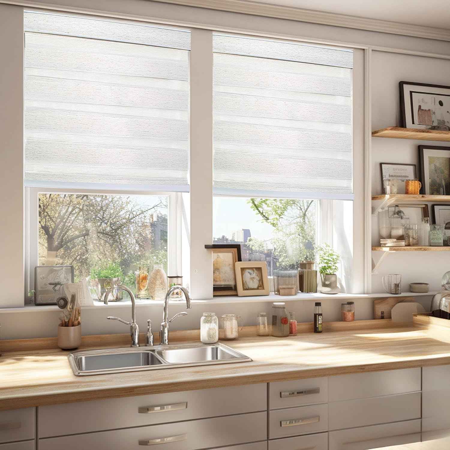 CHICOLOGY Zebra Blinds Cordless Window Shades, Dual Layer Light Filtering Roller Shades for Windows, Sheer Privacy Striped Fabric, Easy Install, 71" W x 72" H, Basic Natural