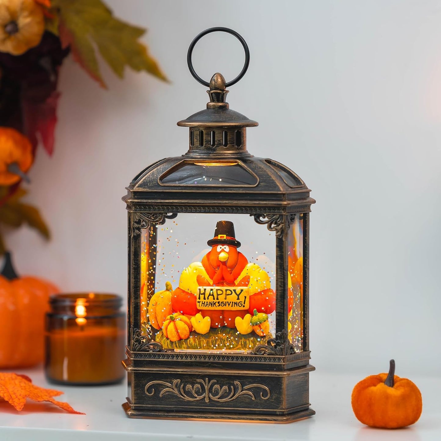 Fall Snow Globe Lantern -Thanksgiving Turkey with Pumpkins Spinning Water Lantern with Swirling Glitter Fall Decorations for Home, Thanksgiving, Autumn Harvest Fall Decor
