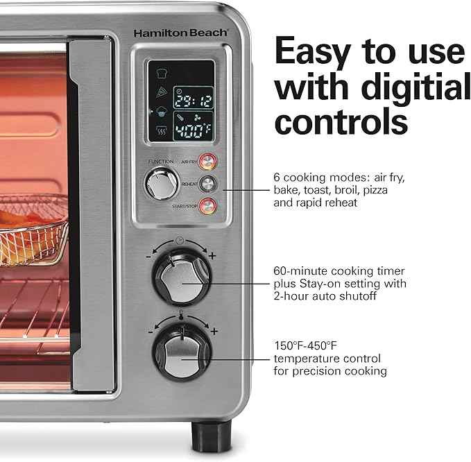 Hamilton Beach Sure Crisp 6-in-1 XL Digital Air Fryer Toaster Oven Combo, With Easy-Access French Doors, Bake, Broil, Toast, Pizza & Reheat Functions, 0.9 cu. ft. Capacity, Stainless Steel (31191)
