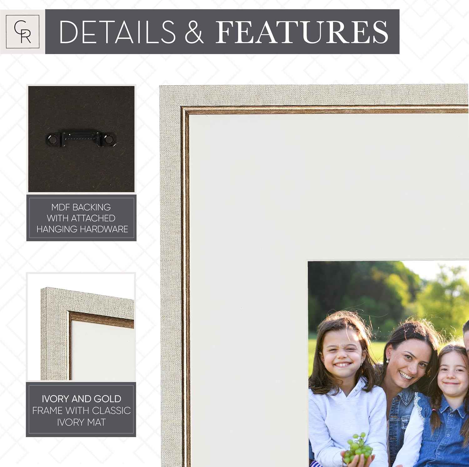 Camden Reed Gallery Wall Frame Set, 8 Pieces, 16x20 and 16x16 Inch Matted Frames, for 8x10 and 5x7 Photos, Ivory and Gold