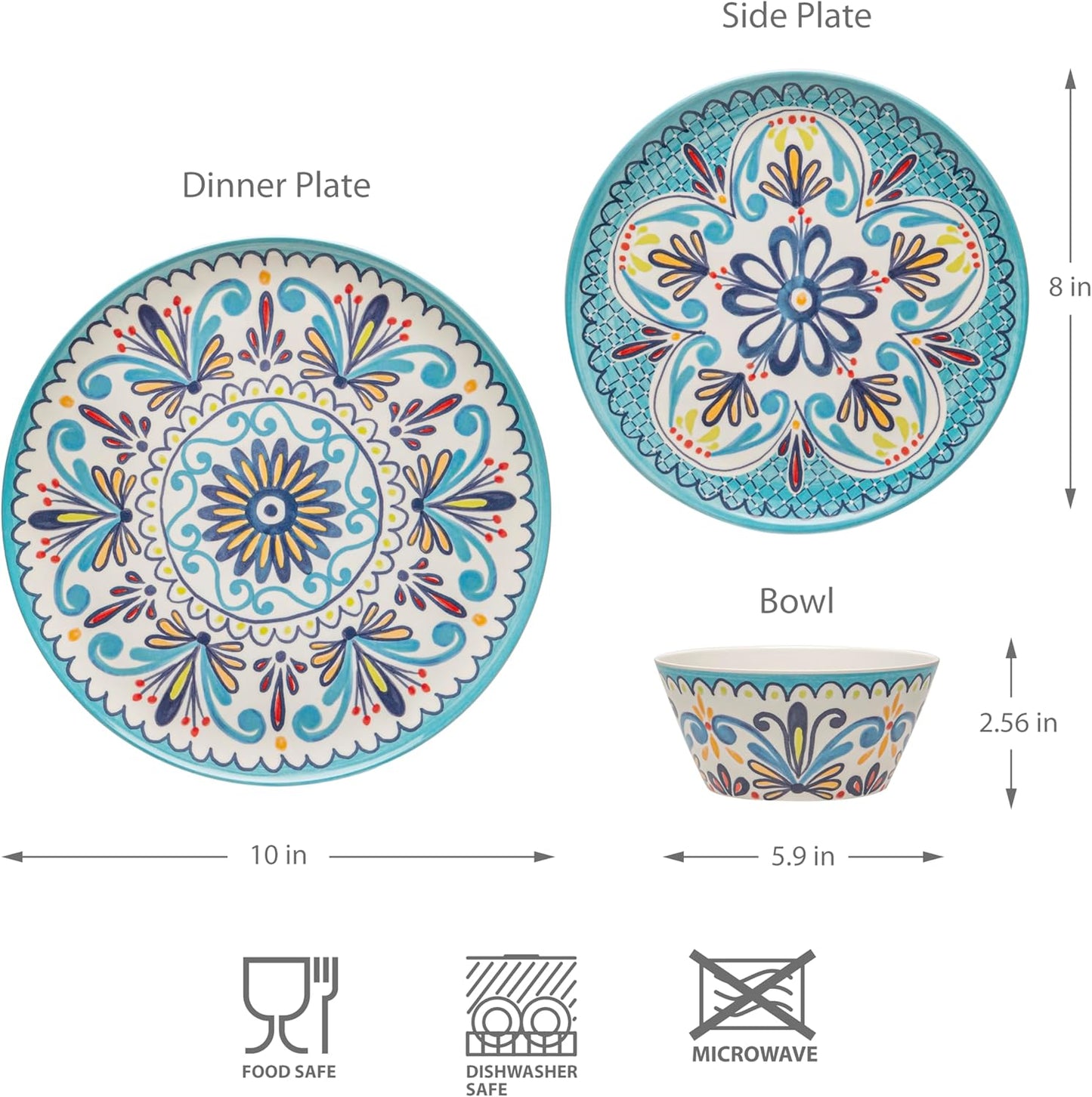 Bzyoo 12-Piece Melamine Dinnerware Set - Madallion | Lightweight, Durable, BPA-Free | Dishwasher Safe Dish Set for Indoor & Outdoor Use - Perfect for Camping, BBQs, Kids Parties