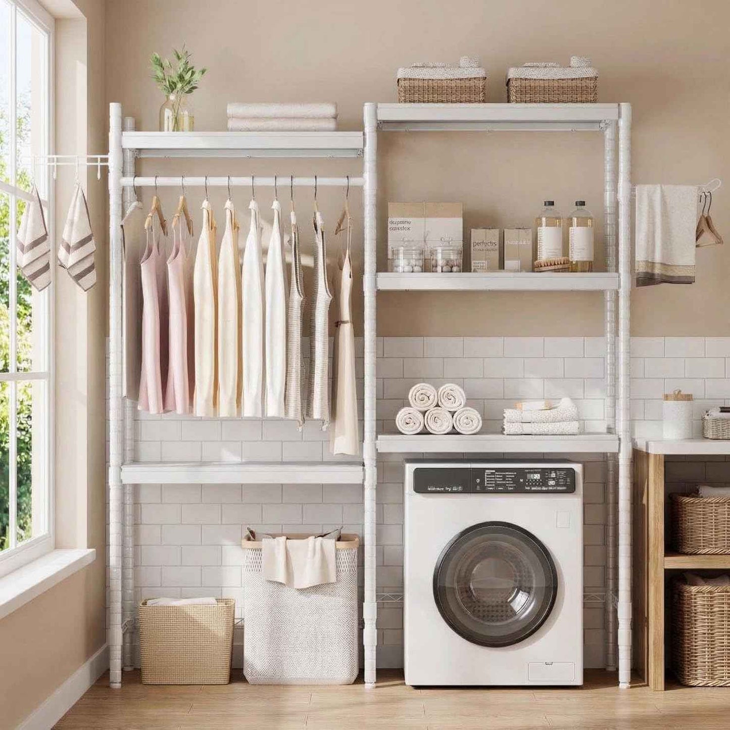 Heavy Duty 5-Tier Over-The-Washer Laundry Storage Shelf – Adjustable Height Organizer with Double-Layer Wood Shelves, 28" Space-Saving Rack for Laundry Room, White